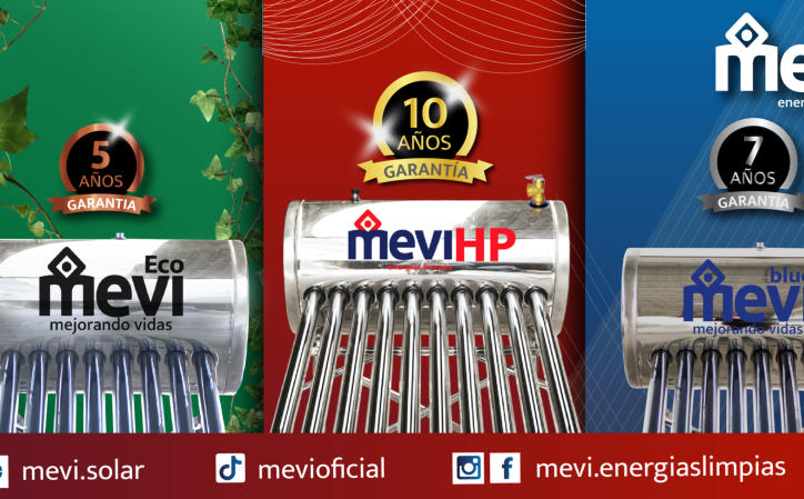 Modelos de calentadores solares MEVI (Blue, Eco, HP) para agua caliente sin gas. Fondo primaveral. Paneles solares MEVI disponibles.
 nergía solar para agua caliente. Promoción de primavera. 